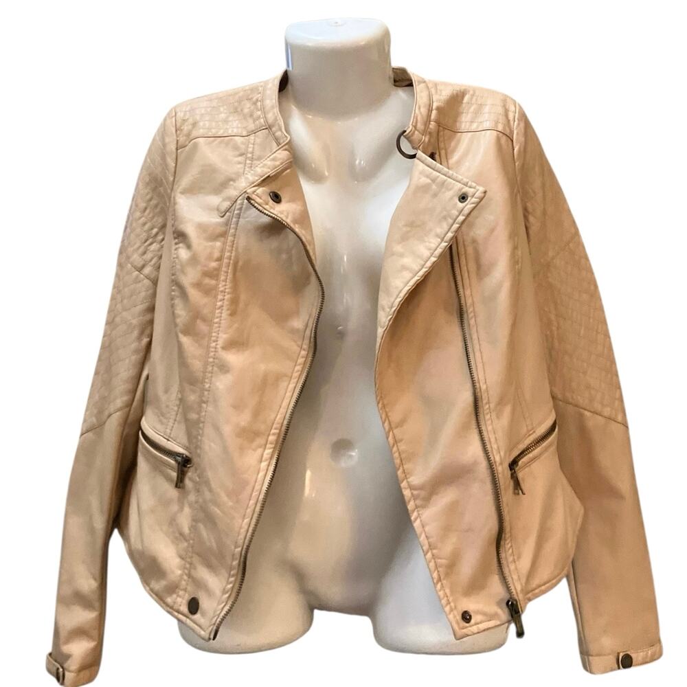 JouJou Women's Beige Faux Leather Full Zip Moto Jacket Zipper Pockets Snaps SZ L - Picture 8 of 11